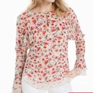 White House Black Market Calico Floral Ruffled Blouse Career WHBM Top  0